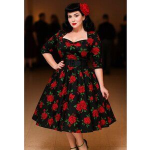 Hell Bunny Vixen Eternity Roses Dress Short 3/4 Sleeve Vintage Retro Women 2XL